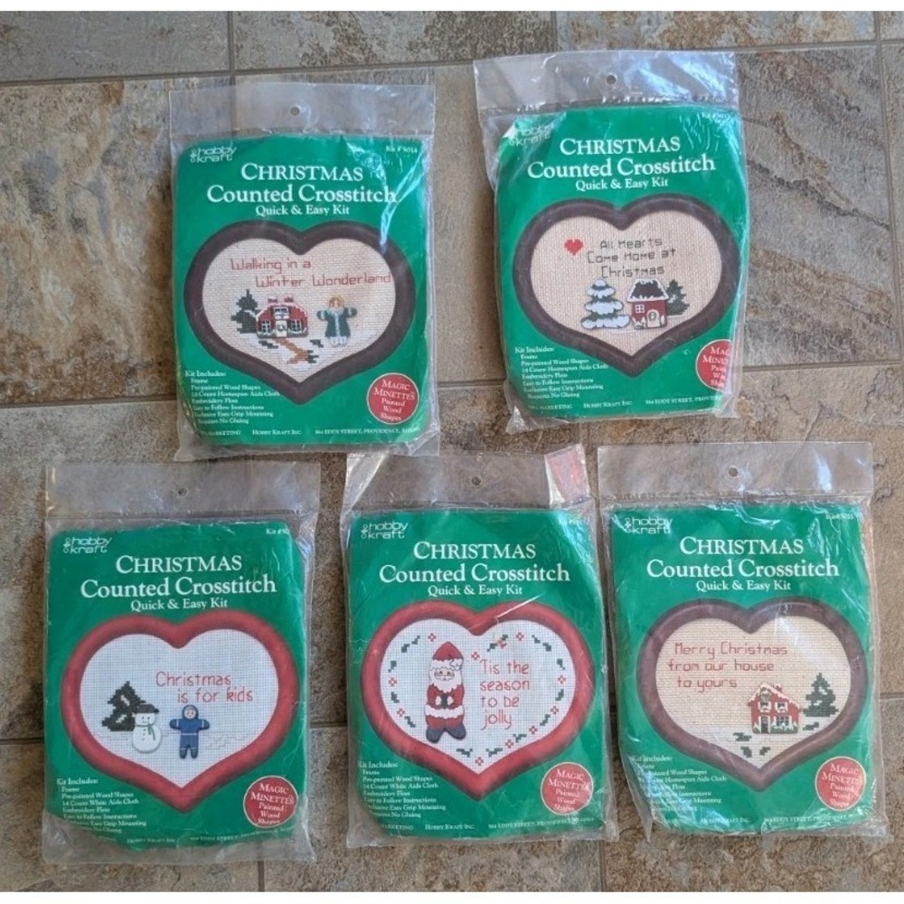 Lot 5 Hobby Kraft Christmas Counted Cross Stitch Kit Heart Frame Santa Snowman